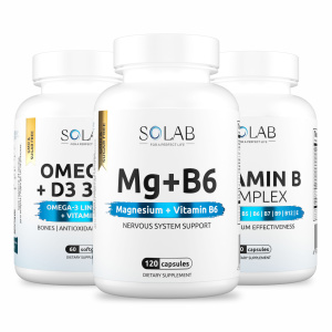 SOLAB / Набор витаминов. Omega-3 с витамином D3 600МЕ 60 капсул + Магний +  В6 120 капсул + подарок Витамины группы В 60 капсул