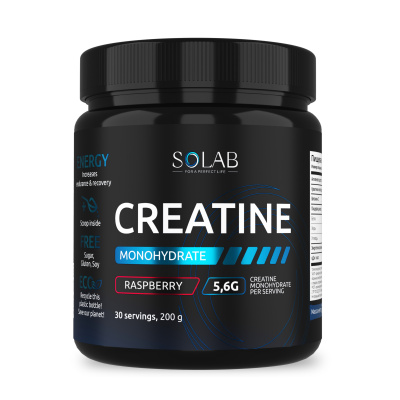 SOLAB / Креатин моногидрат, Creatine Monohydrate, Вкус Малина, Банка 200 гр. 30 порций.